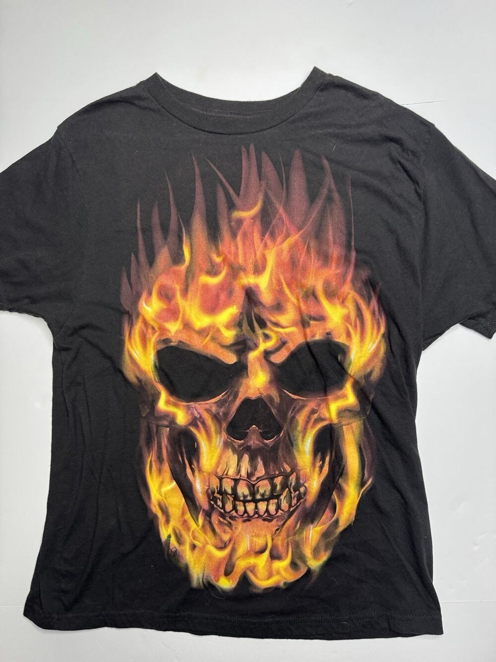 Celebrate Halloween Flaming Skull T Shirt Mens Large Black Gothic Biker Y2K